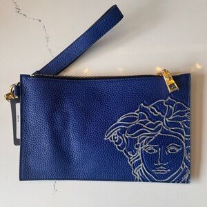 Versace Blue Medusa Leather Clutch Wristlet NWT with Dust Bag